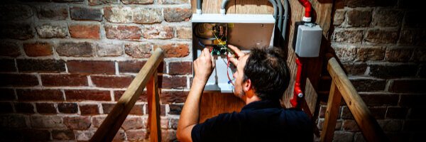 Monteur voert installatie- en onderhoudswerkzaamheden uit aan een sturingskast voor brandbeveiliging.