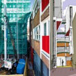 Twee foto's van een constructie, vergezeld van een kraan die materialen optilt.