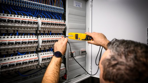 Monteur test elektrische installatie in verdeelkast met spanningsmeter bij Nusman Installatietechniek.