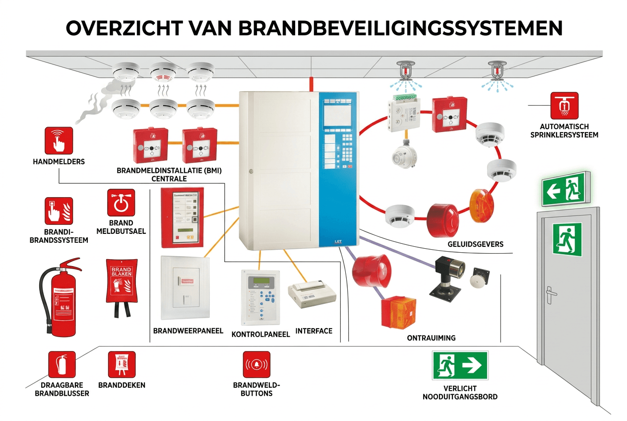 Brandbeveiligingssystemen overzicht met brandmeldinstallatie, handmelders, sprinklers, noodverlichting en ontruimingssignalen in een gebouw.
