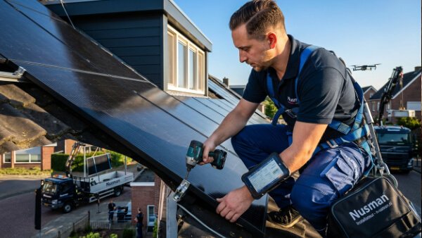 Nusman installateur met veiligheidsharnas werkt aan de montage van PV-panelen op een schuin dak