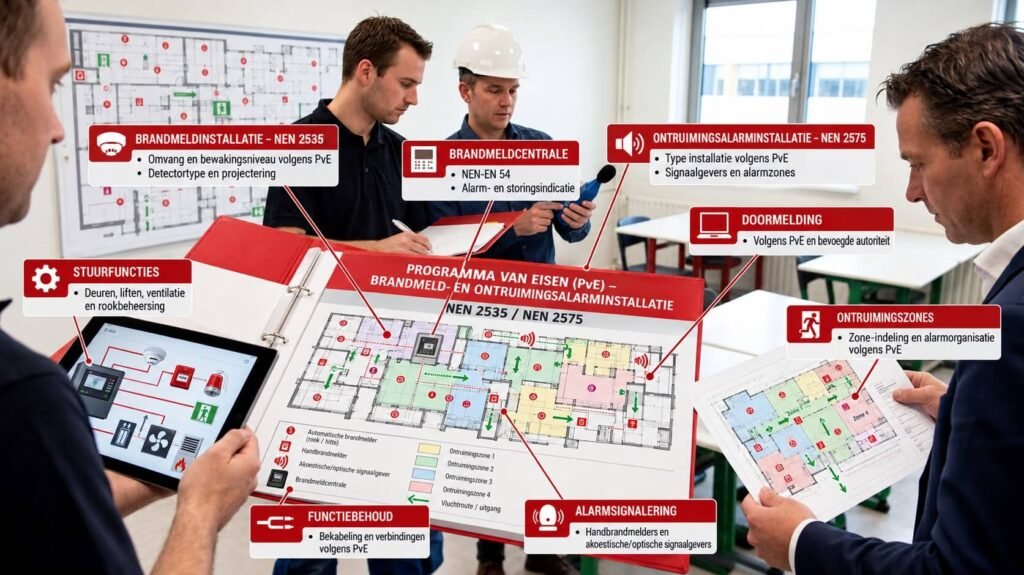 Adviseurs van Nusman Installatietechniek bespreken een Programma van Eisen (PvE) voor brandmeld- en ontruimingsalarminstallaties volgens NEN 2535 en NEN 2575.