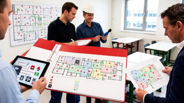 Brandbeveiligingsspecialisten beoordelen een brandmeldinstallatie en ontruimingsplattegrond in een bedrijfsgebouw in Groningen.