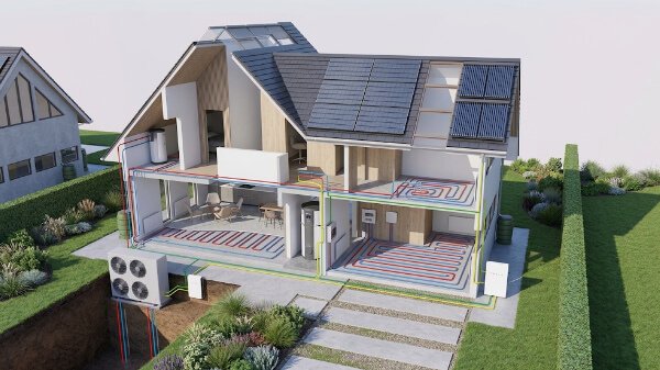 3D doorsnede van een duurzame all-electric woning met warmtepomp en zonnepanelen geinstalleerd door Nusman in Groningen