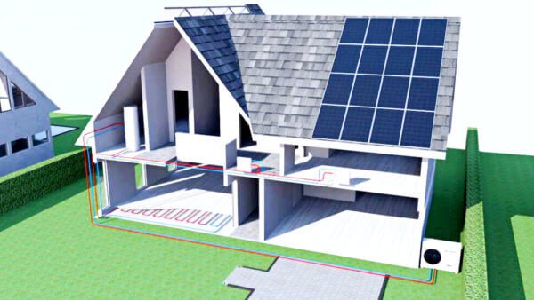 3D-doorsnede van een gasloze all-electric woning met warmtepomp, zonnepanelen en vloerverwarming.