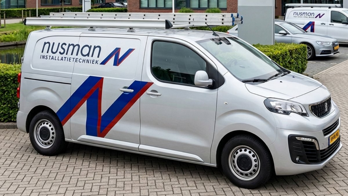 Zilverkleurige servicewagen van Nusman Installatietechniek B.V. met ladder op het dak voor onderhoud en service in Groningen